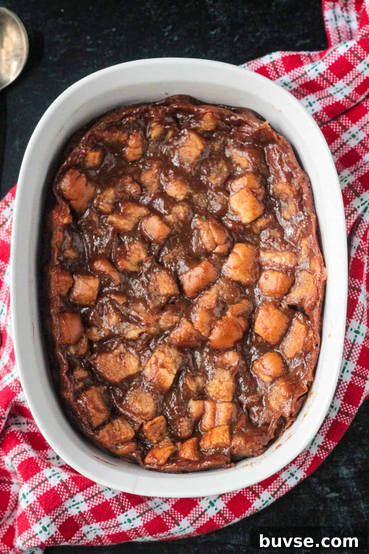 Creamy Vegan Bread Pudding Recipe with Cinnamon 13 Final recipe baked in a baking dish.