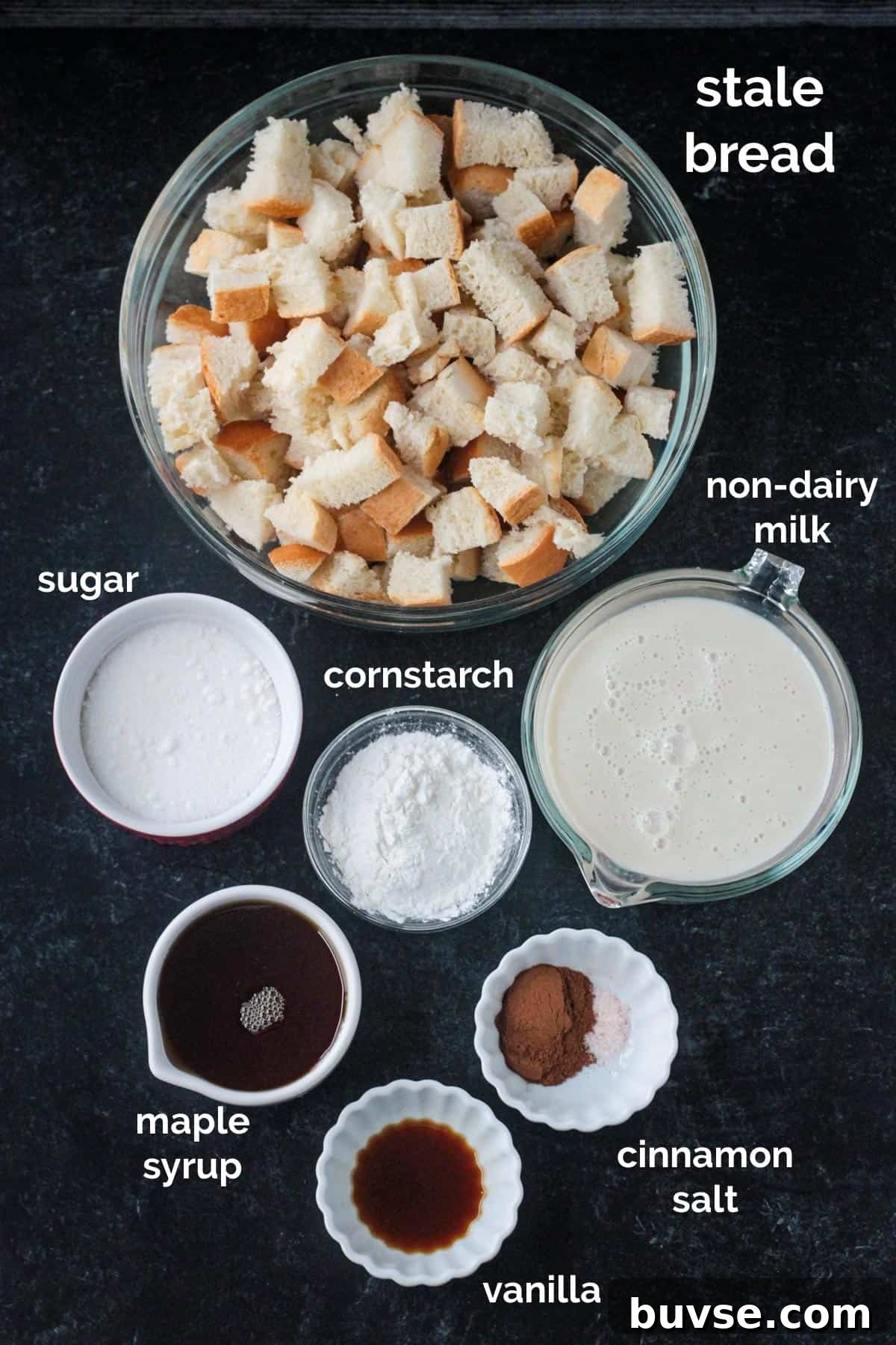 Creamy Vegan Bread Pudding Recipe with Cinnamon 3 Recipe ingredients arrayed in individual bowls.