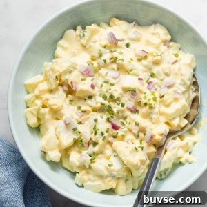 egg salad on a bowl with a spoon with a sprinkle of red onion and chives