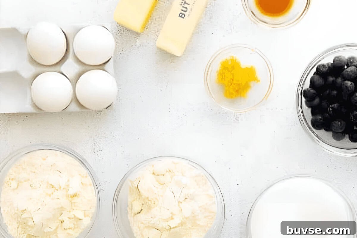 ingredients for blueberry lemon pound cake.