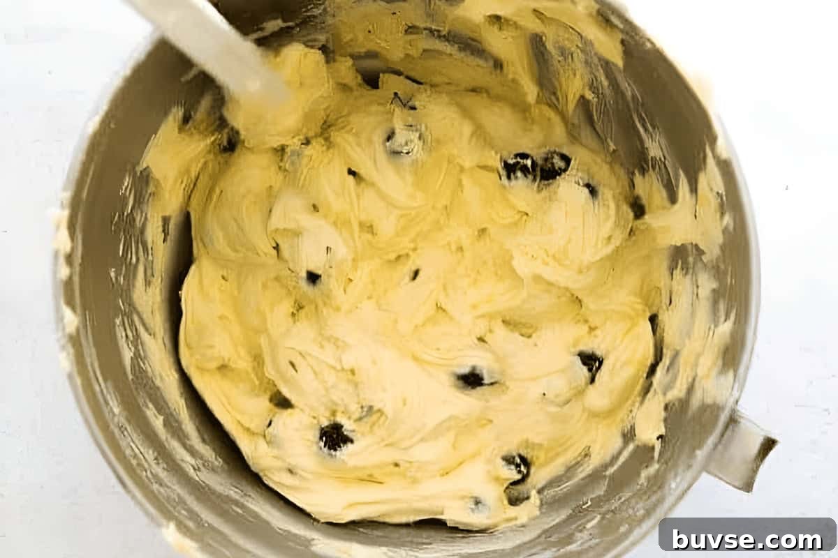 blueberry lemon pound cake batter in a mixing bowl.