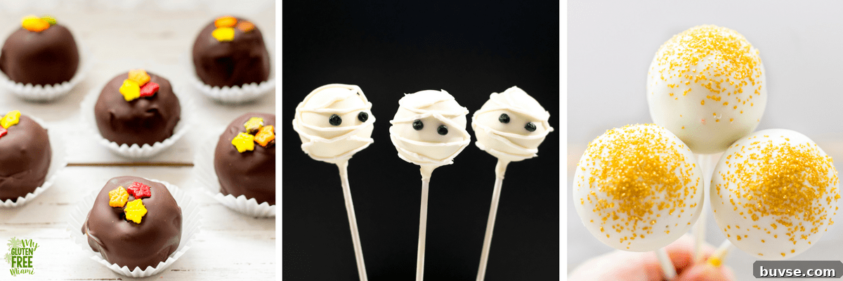 Gluten Free Pumpkin Spice Cake Pops decorated as truffles, mummies, and with sprinkles