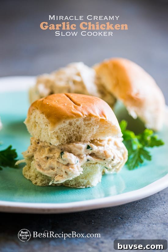Miracle Creamy Garlic Chicken in Slow Cooker on plate 