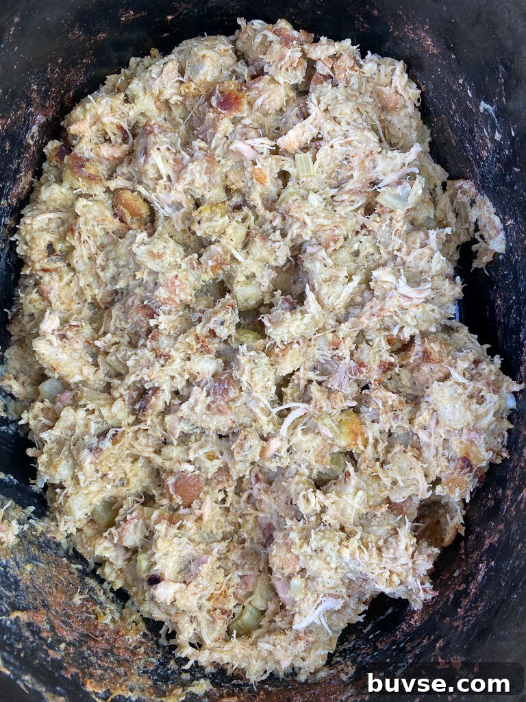 Moist, but not mushy bread dressing with cream of chicken soup, canned chicken in a crock pot