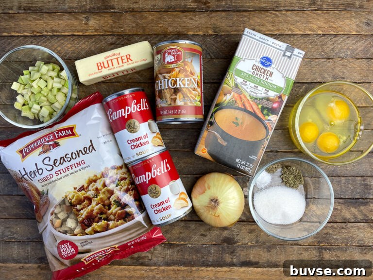 Ingredients to make crock pot dressing are chopped celery, butter, canned chicken, herb seasoned cubed stuffing, cream of chicken soup, chicken broth, onion, sugar, salt, pepper, sage and eggs