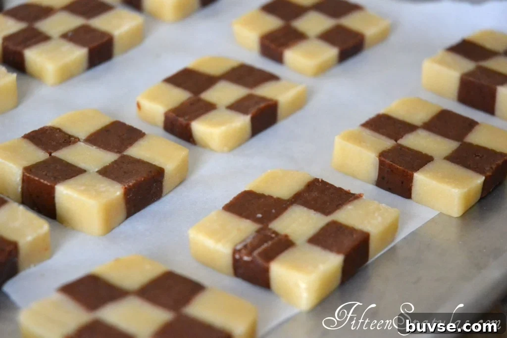 Checkerboard Cookies Recipe Batch on Parchment Lined Baking Tray Ready to bake