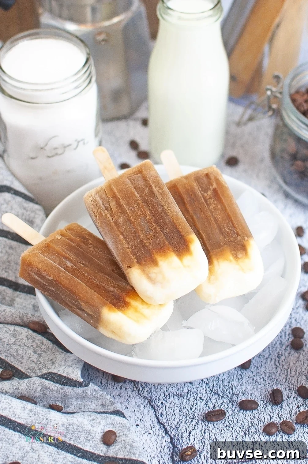 Coffee pops in a bowl with ice cubes