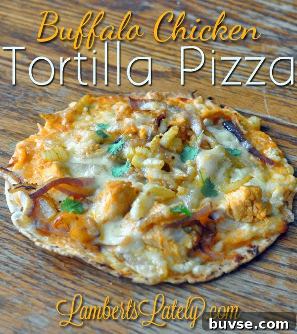 Crispy Buffalo Chicken Tortilla Pizza 3 buffalo chicken tortilla pizza on a wood table.