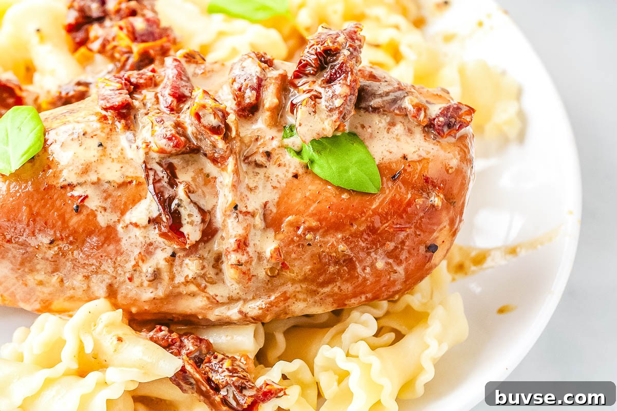 Close-up of Crockpot Marry Me Chicken topped with creamy Parmesan sauce and chopped sun-dried tomatoes over pasta.