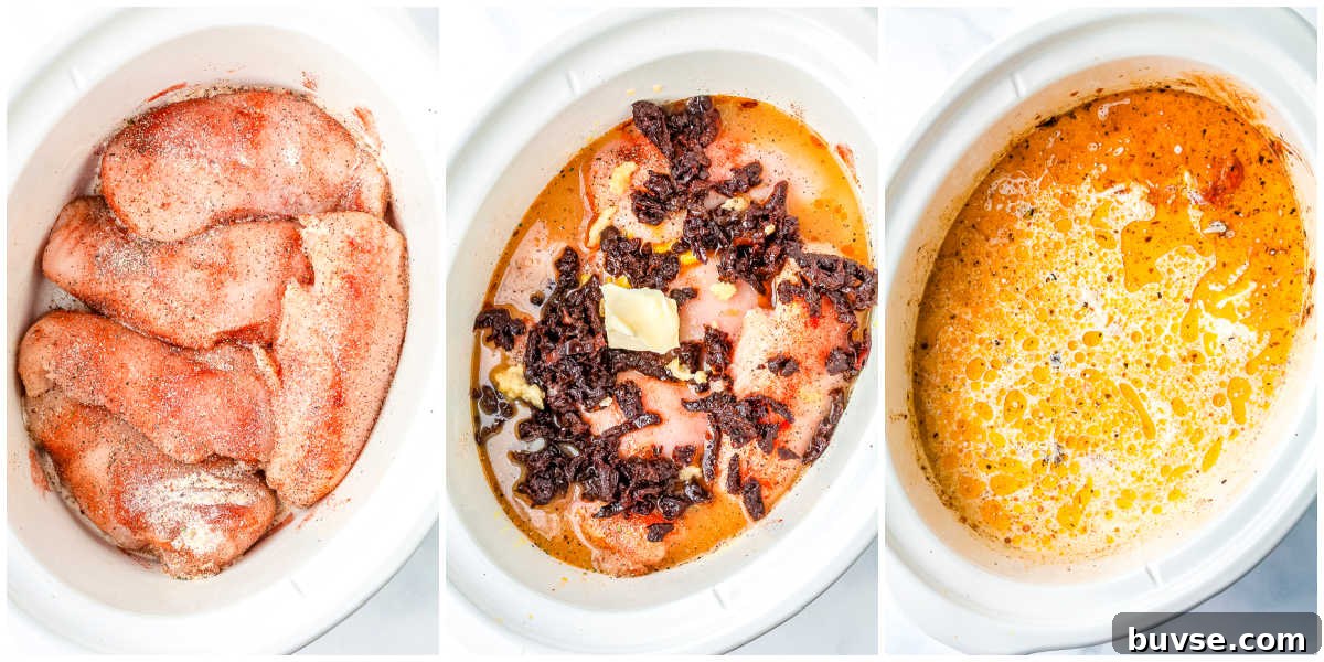 Step-by-step photos showing seasoned chicken in a slow cooker, adding broth, butter, garlic, and sun-dried tomatoes, followed by the cooked chicken before adding the cream sauce.
