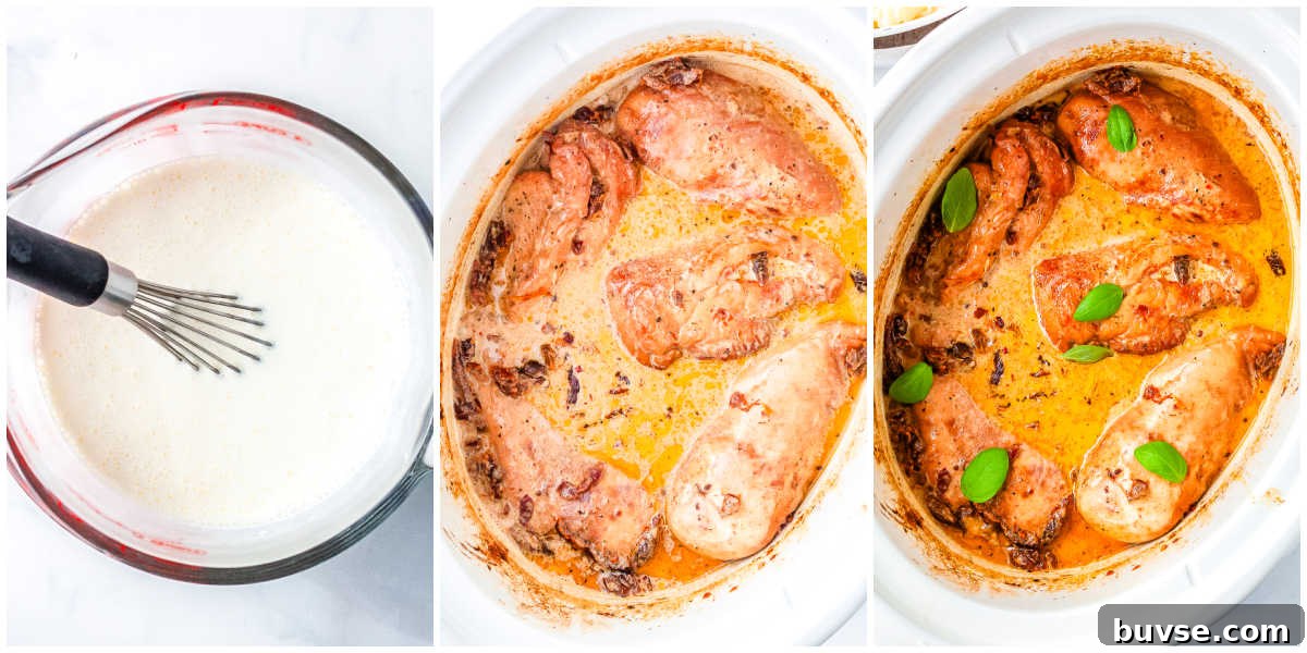 Step-by-step photos showing heavy cream and Parmesan whisked together, stirred into slow-cooker chicken, and the finished creamy Crockpot Marry Me Chicken.