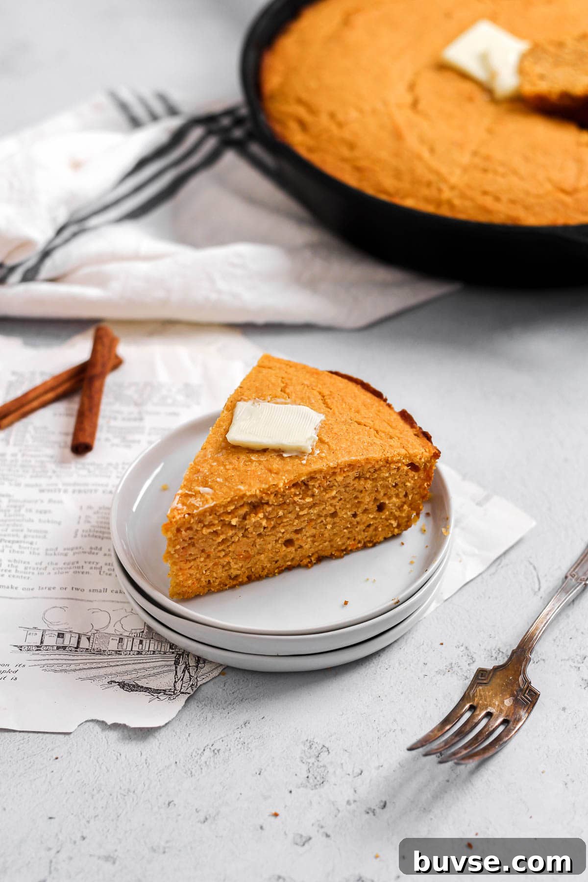 slice of sweet potato cornbread with butter