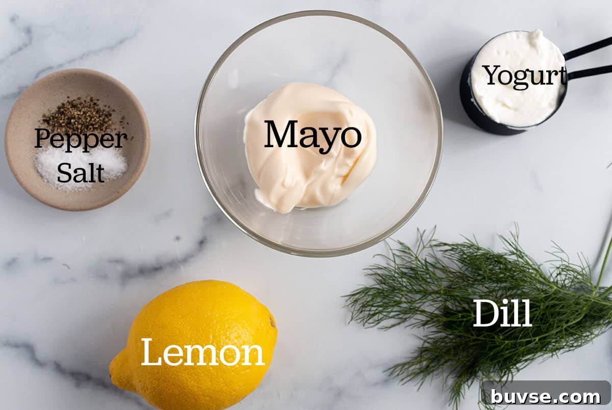 Bowl with mayo, measuring cup with yogurt, lemon, dill, salt and pepper.