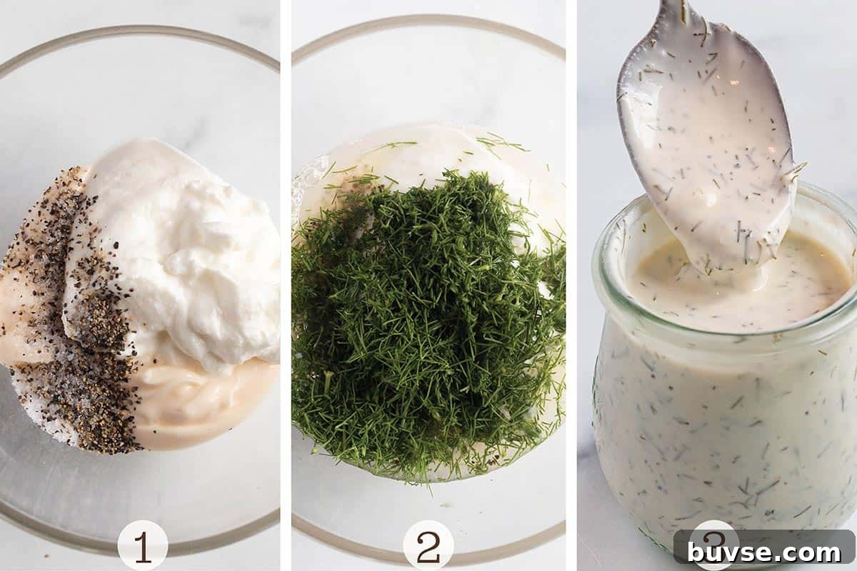 A glass bowl with ingredients to make a lemon dill sauce.