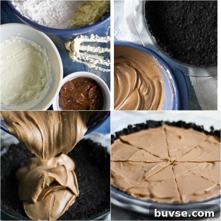 Step-by-step collage for making Nutella no bake cheesecake