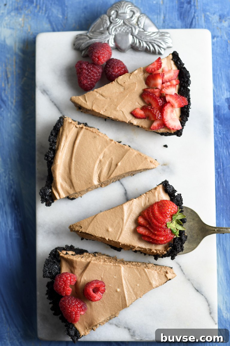 Top down view of four pieces of Nutella no bake cheesecake