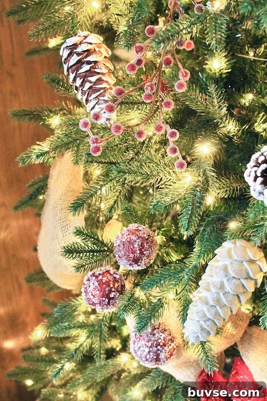 woodland Christmas tree with burlap ribbon