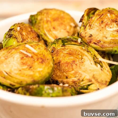 air fryer parmesan balsamic brussel sprouts close up
