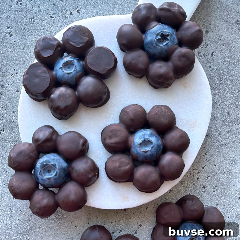 Homemade Chocolate-Covered Blueberries Recipe 3 Five chocolate-covered bites shaped like flowers, each with a blueberry in the center, are arranged on a round white marble board on a gray textured surface—perfect for those who love creative food recipes.