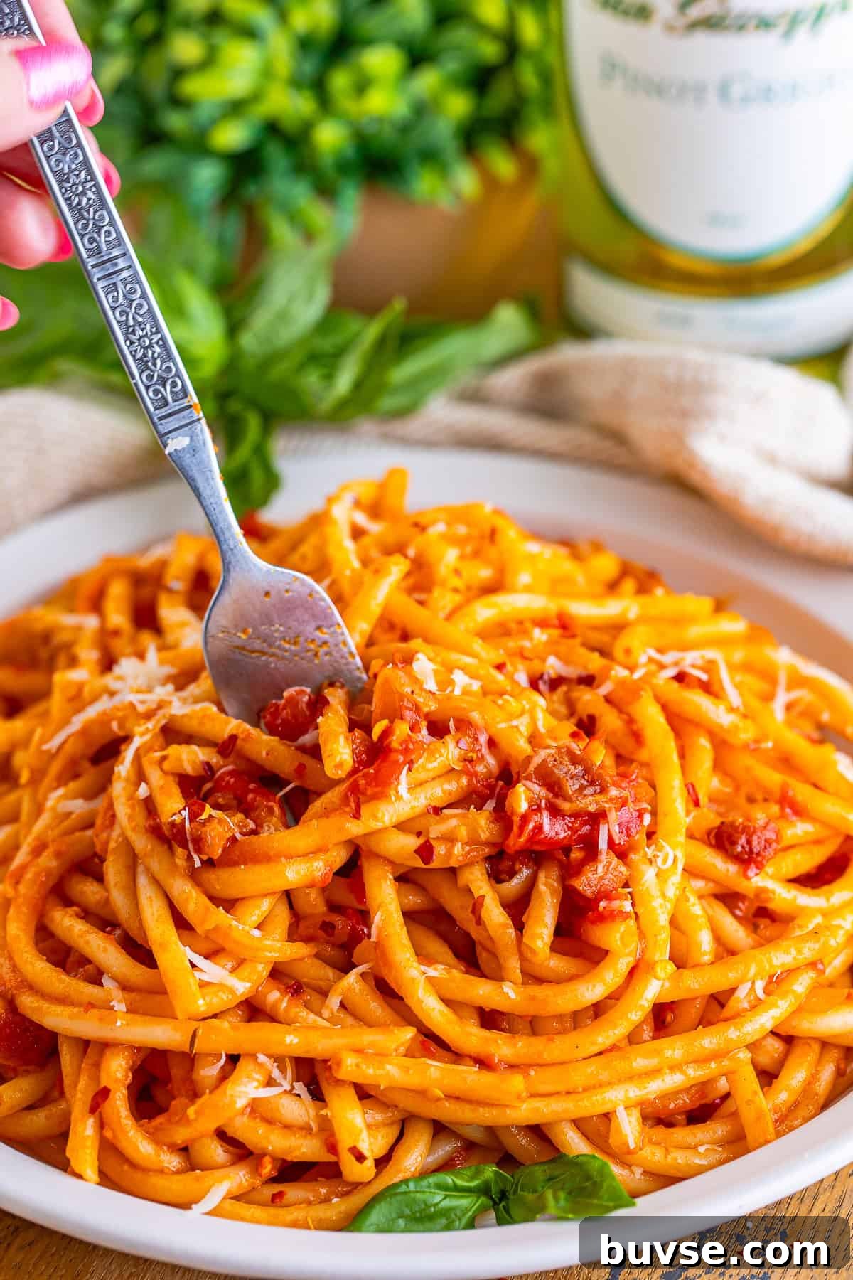 Amatriciana Pasta (Bucatini) - Authentic Italian Recipe 10 A fork twirling a bite of Pasta Amatriciana in a bowl with fresh basil in the background.