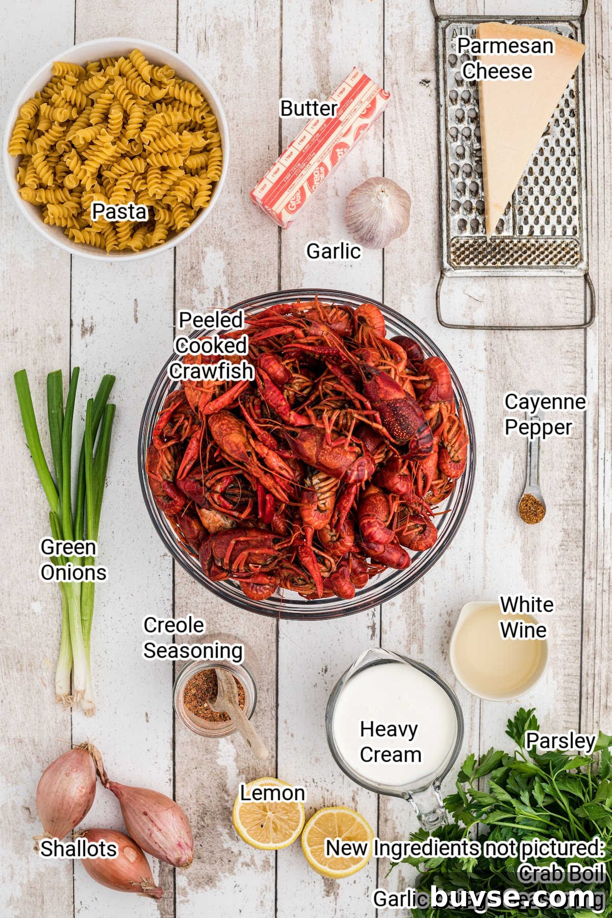 Ingredients laid out to show what would be in a Crawfish Monica.
