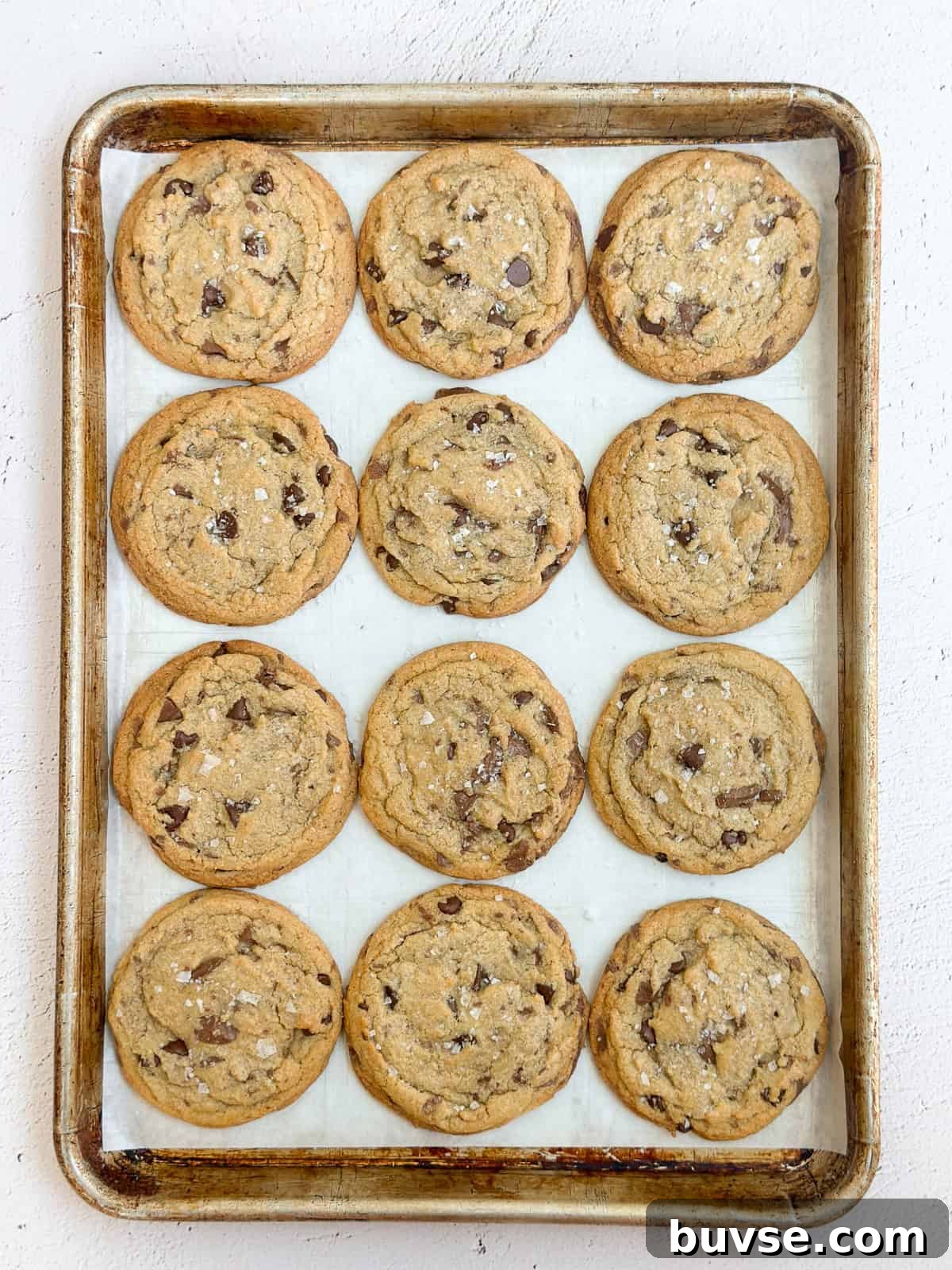 a full cookie sheet of brown butter chocolate chip cookies.