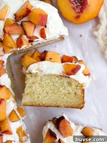 peaches and cream cake with one piece on its side so you can see the layers.