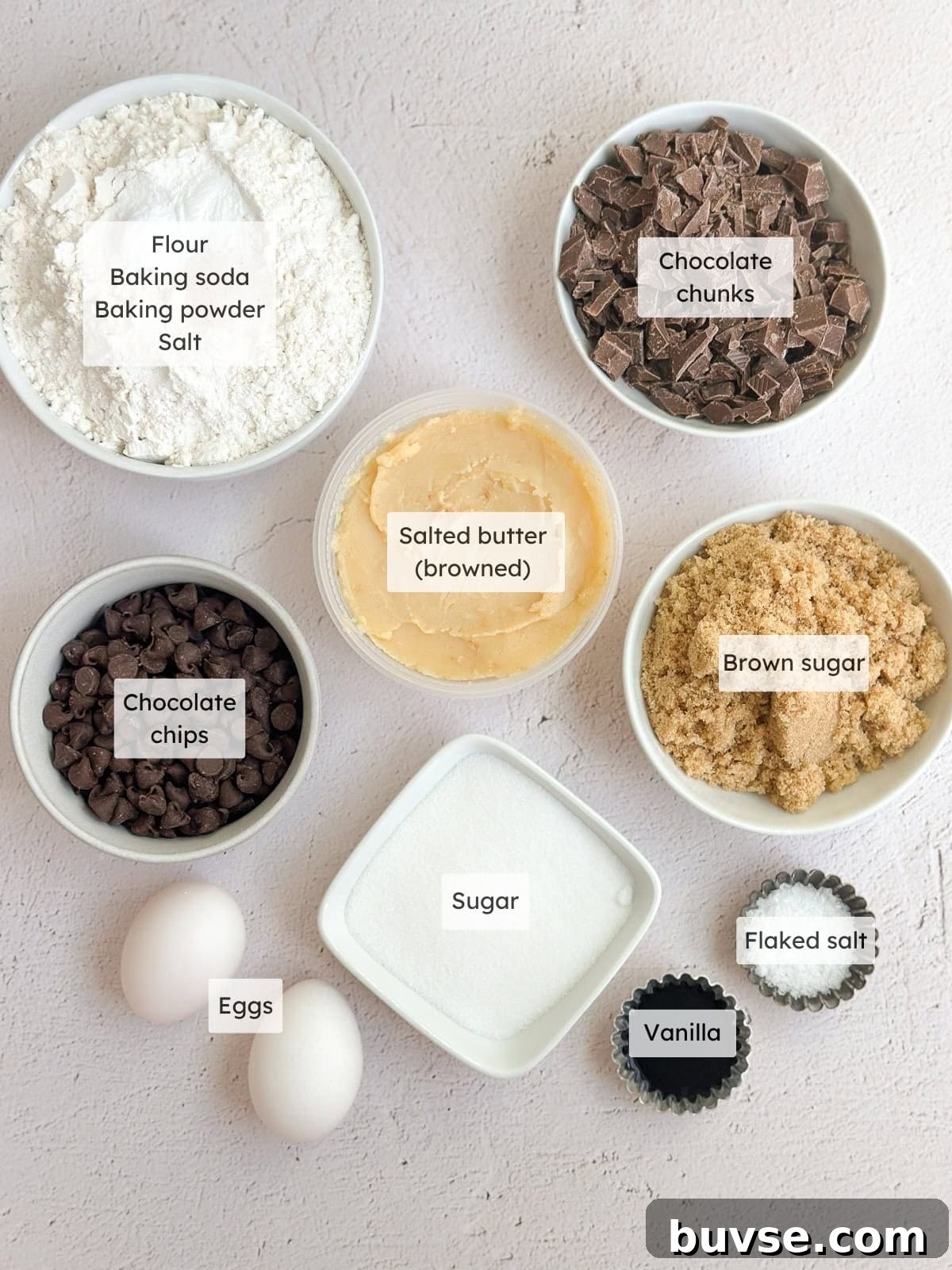 All of the ingredients needed to make brown butter chocolate chip cookies.