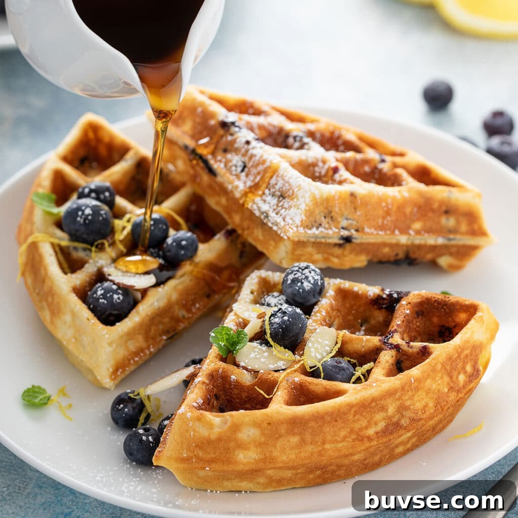 Cook Once, Eat Twice: Budget Recipes for Delicious Leftovers 9 Maple syrup pouring over lemon blueberry waffles topped with fresh blueberries, sliced almonds and lemon zest.