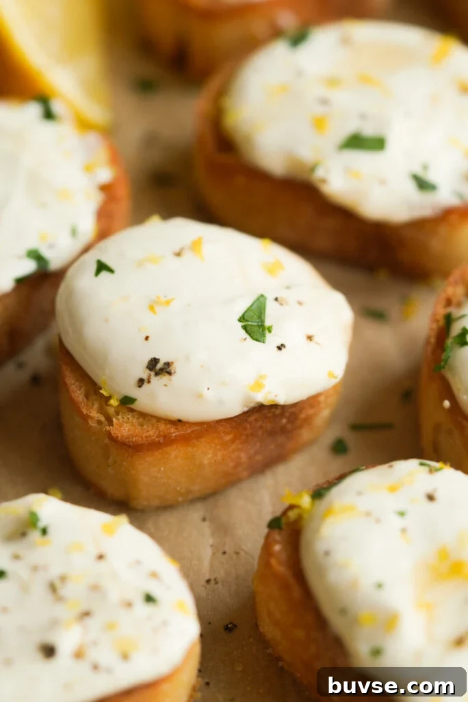 Whipped Ricotta Crostini with Honey and Lemon Zest 2 whipped ricotta crostini topped with lemon zest, fresh parsley, and pepper