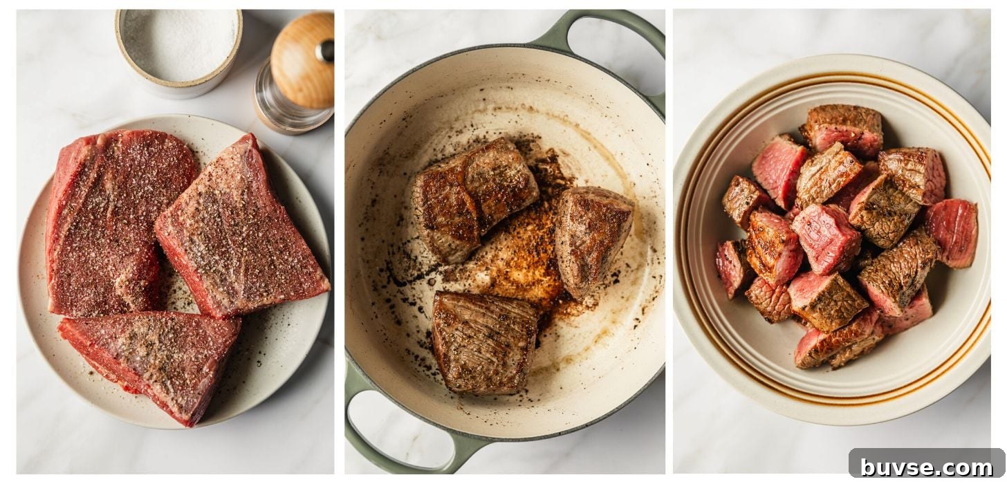 Slow-Cooked Brisket Stew with Wild Rice and Vegetables 4 Three steps to searing meat. In photo 1, steaks are on a white plate next to salt and pepper. In photo 2, the steaks are searing in a Dutch oven. In photo 3, the cubed meat is in a white bowl.