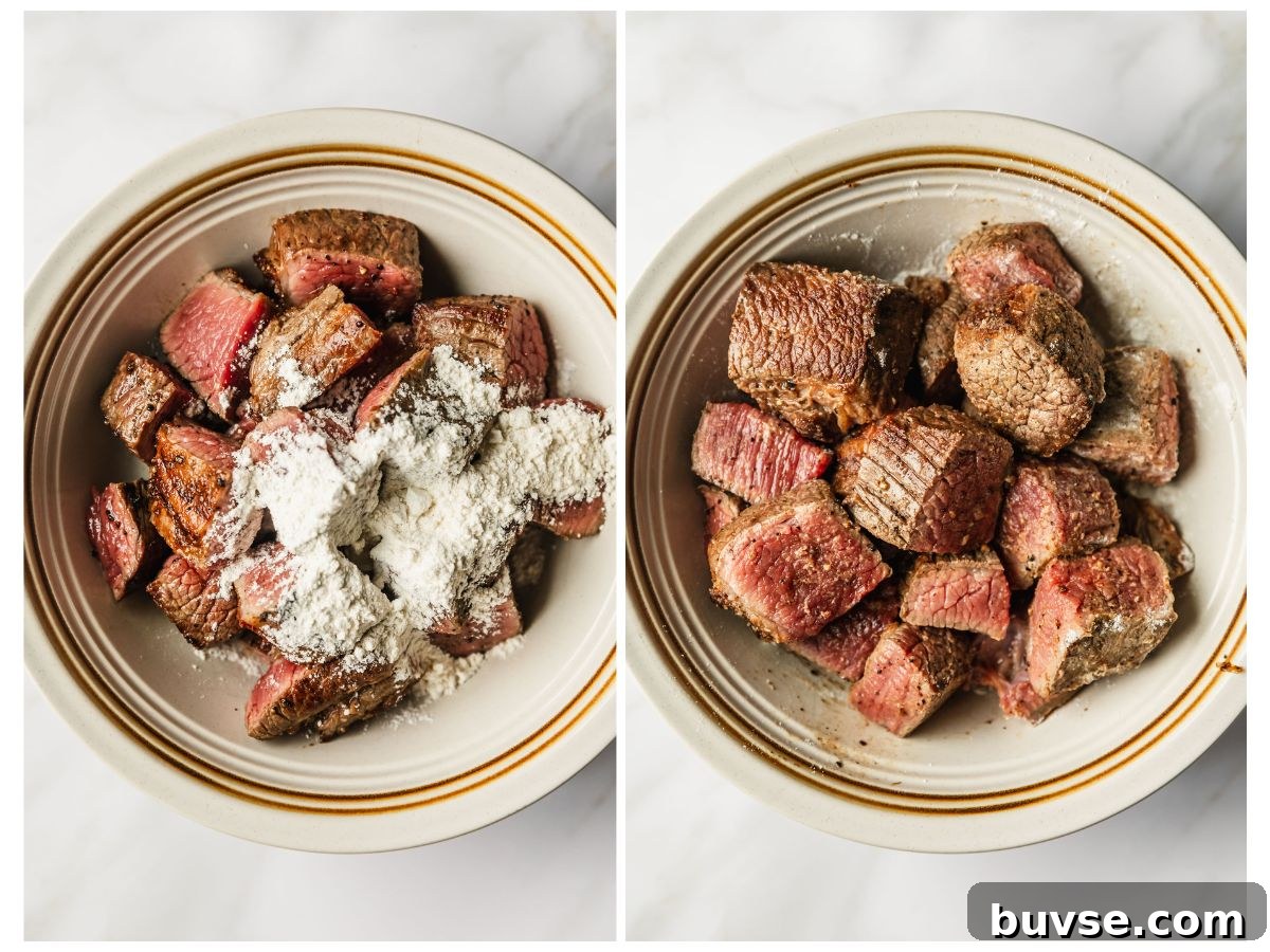 Slow-Cooked Brisket Stew with Wild Rice and Vegetables 5 Two steps to preparing brisket for stew. In photo 1, a white bowl of cubed brisket is topped with flour. In photo 2, the brisket and flour is mixed together.
