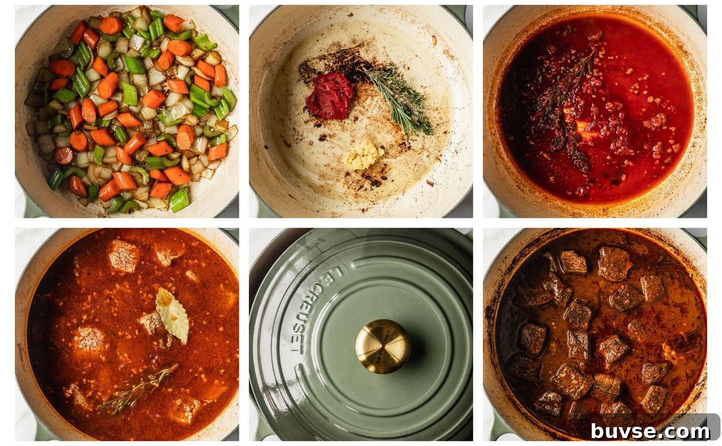Slow-Cooked Brisket Stew with Wild Rice and Vegetables 6 Six steps to making brisket beef stew. Photos show sautéing vegetables, adding tomato paste and herbs, deglazing with red wine, adding beef, covering the pot, and the braised stew.