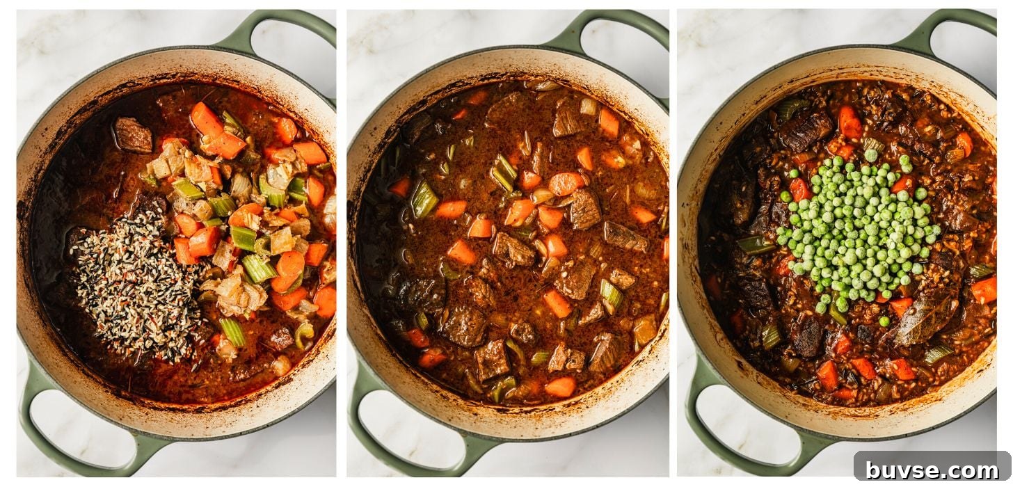 Slow-Cooked Brisket Stew with Wild Rice and Vegetables 7 Three steps to making brisket and wild rice stew. Photos show adding wild rice and veggies to the pot, stirring, and topping with frozen peas.