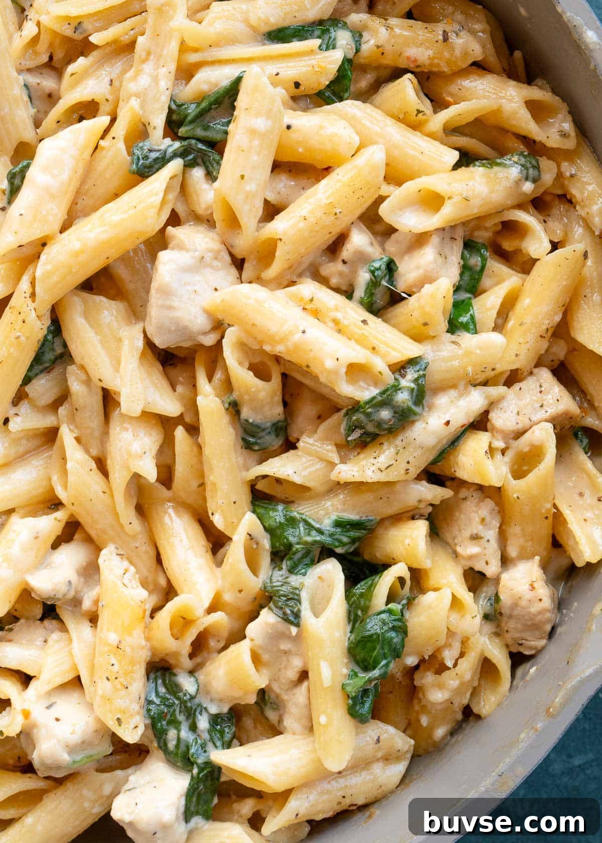 overhead shot of penne in pan