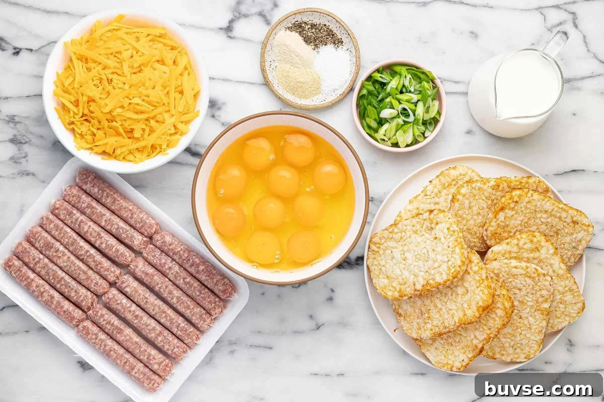 Cheesy Sausage Breakfast Casserole with Hash Browns 3 Bowls of ingredients to make a breakfast casserole recipe.