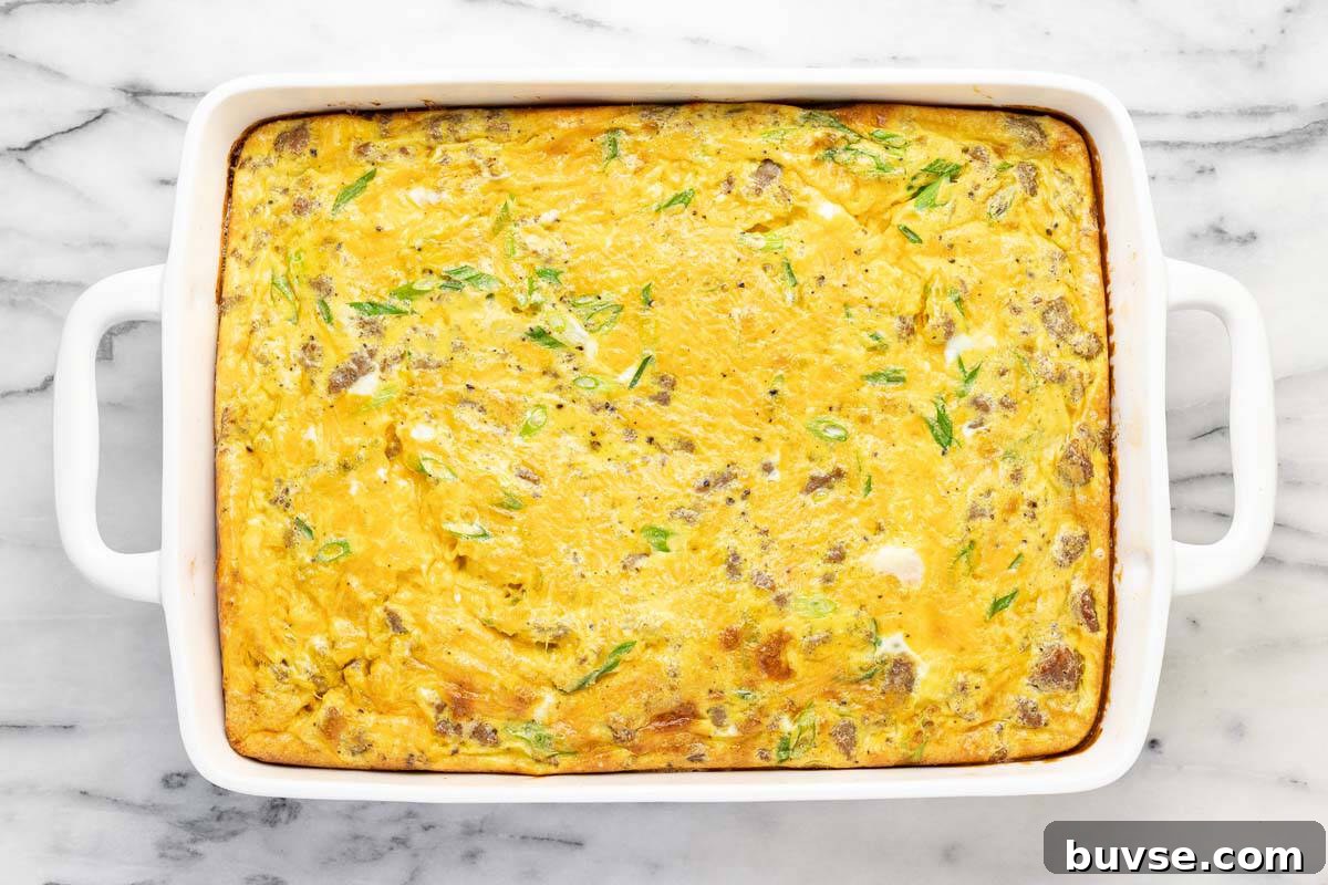 Cheesy Sausage Breakfast Casserole with Hash Browns 9 Breakfast casserole baked in a 9x13 baking dish.