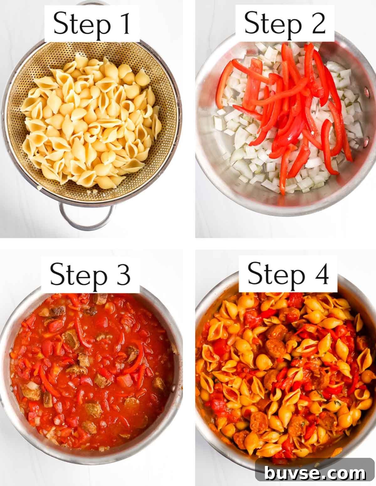 Creamy Vegan Cajun Pasta with Smoky Vegan Sausage 5 Four labeled pictures: step 1: cooked pasta shells in a strainer, step 2: onions and peppers in a silver pan, step 3: pasta sauce with sausages, step 4: a pan filled with pasta and sauce.
