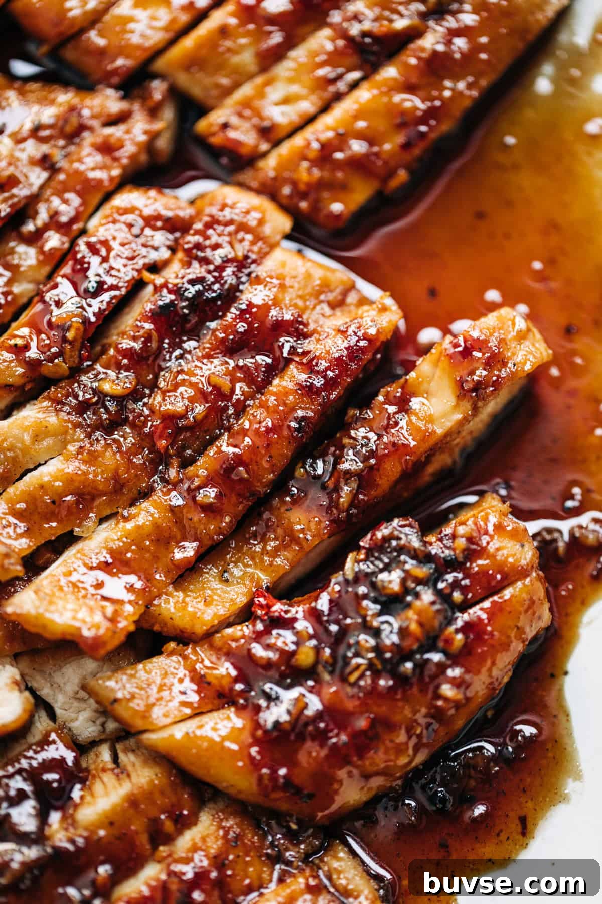 Hot honey butter sauce coating sliced chicken breast.