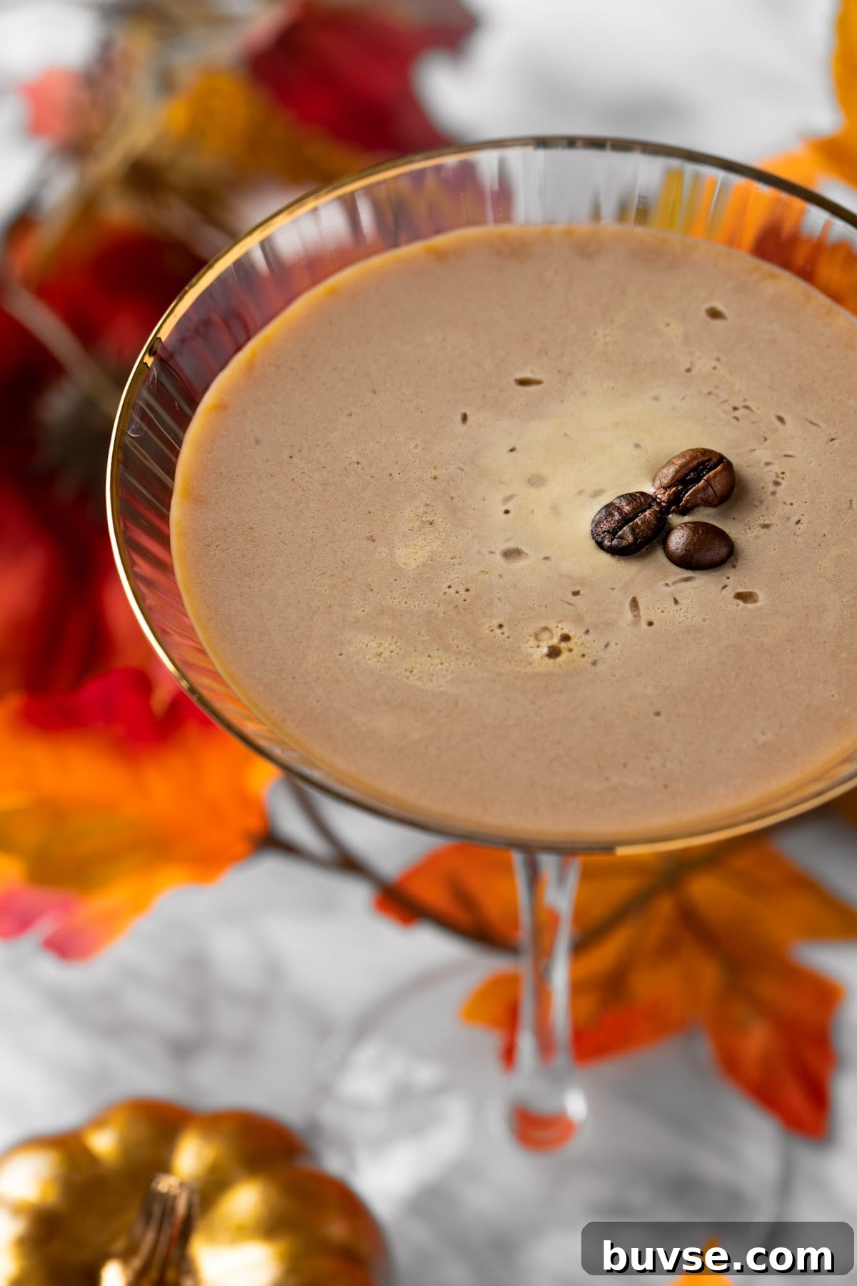 Pumpkin Spice Espresso Martini Cocktail Recipe 8 A pumpkin espresso martini garnished with three coffee beans, with orange leaves in the background.