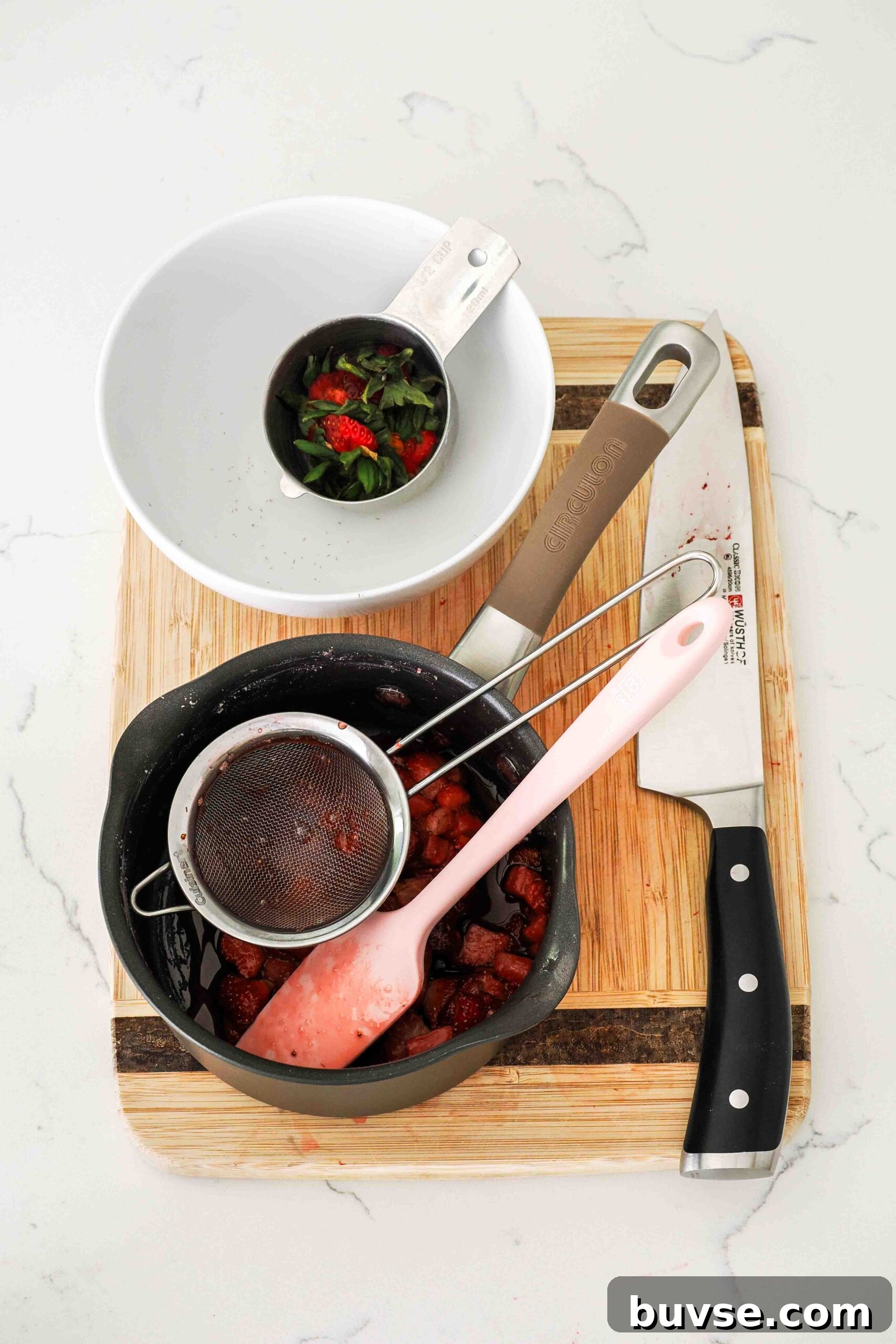 Dishes needed to make small batch strawberry syrup.
