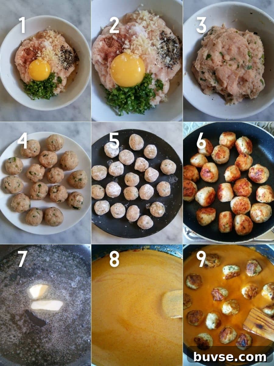 Images showing making chicken meatballs, preparing the gravy, and cooking the meatballs in gravy.
