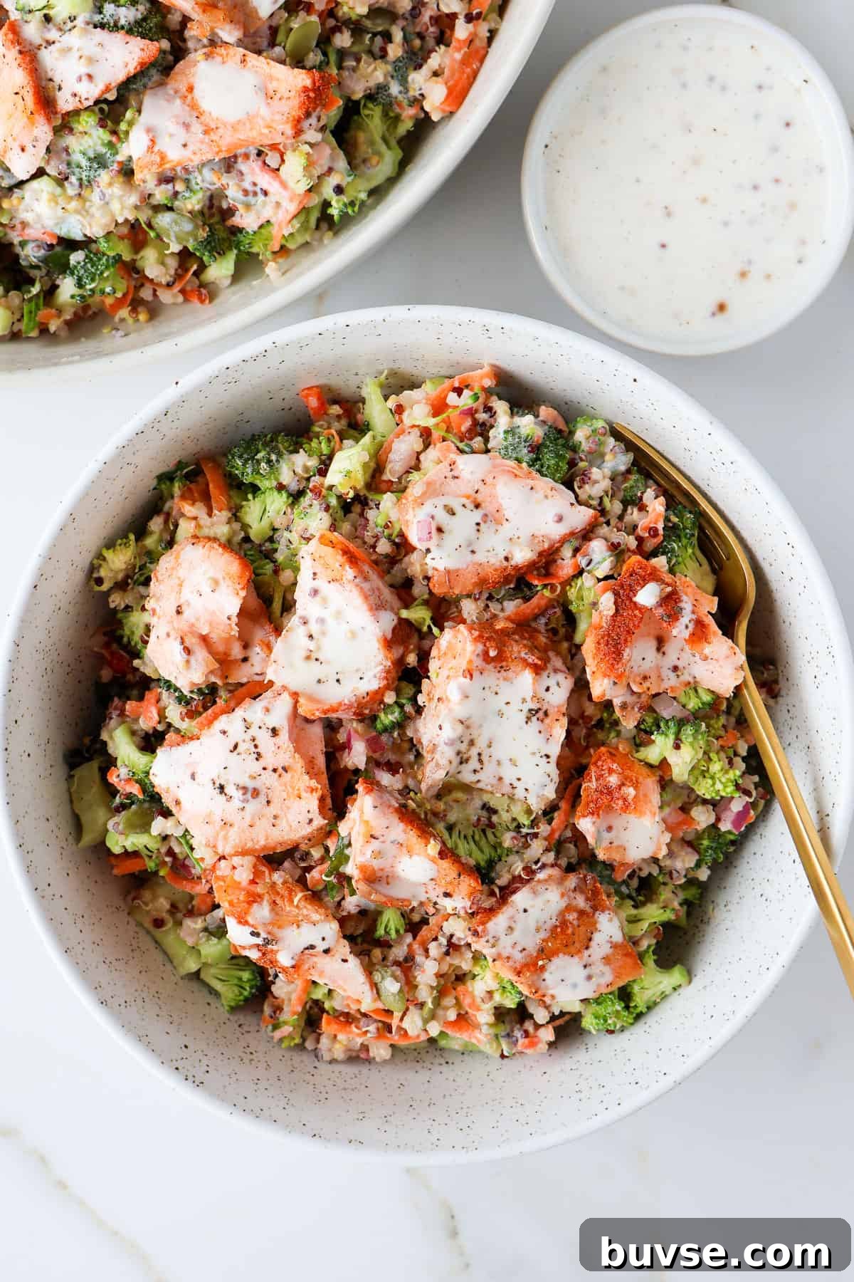 Salmon salad served in a bowl.