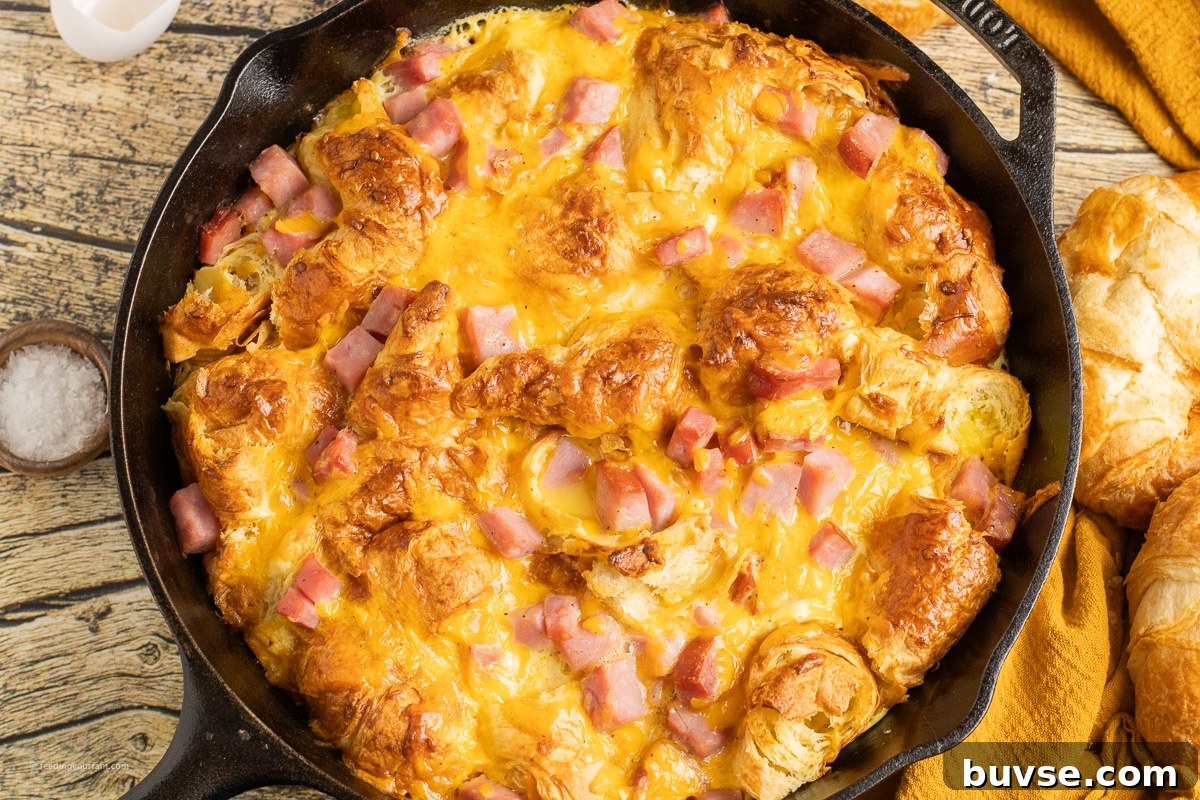 ham and cheese breakfast casserole in a cast iron skillet