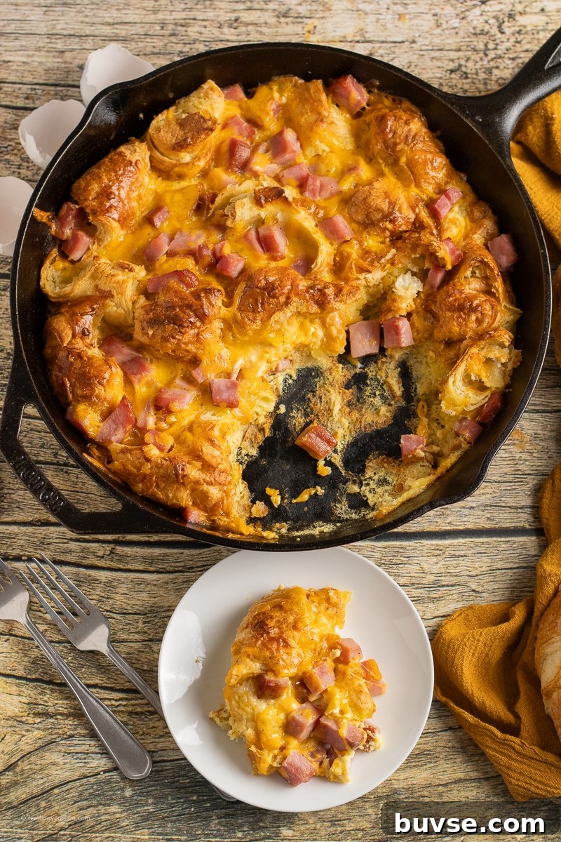 ham and cheese breakfast casserole in a cast iron skillet