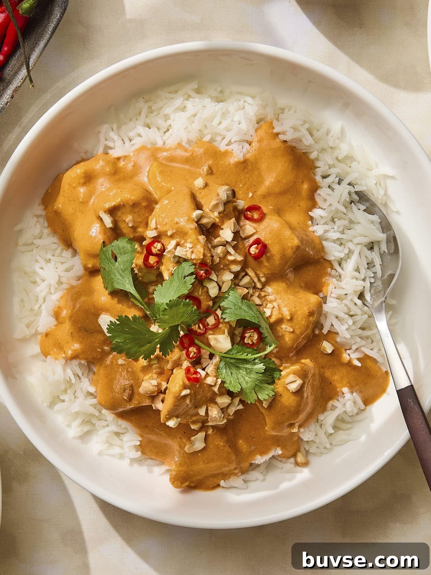 Assembled bowl of butter chicken.