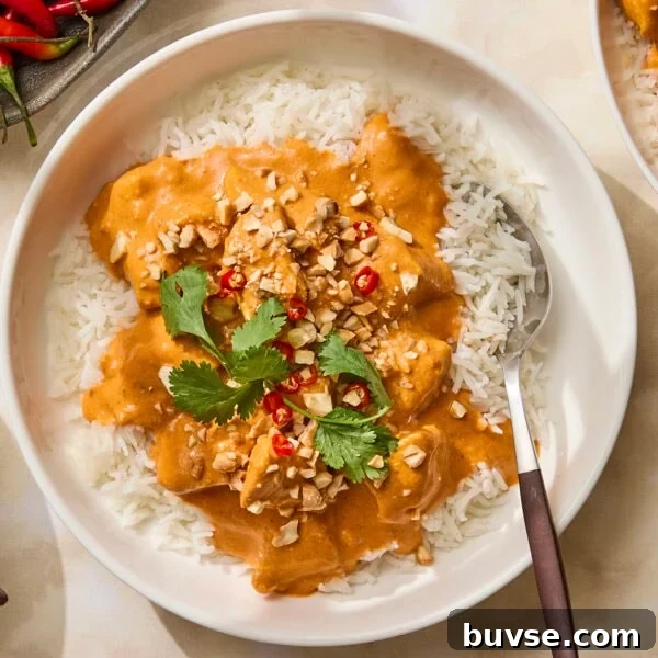 Bowl with butter chicken spooned on top of rice.