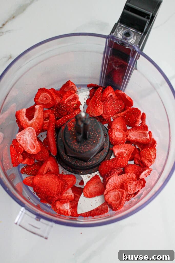 Vanilla Sheet Cake Recipe with Strawberry Frosting 7 Freeze-dried strawberries in a food processor.