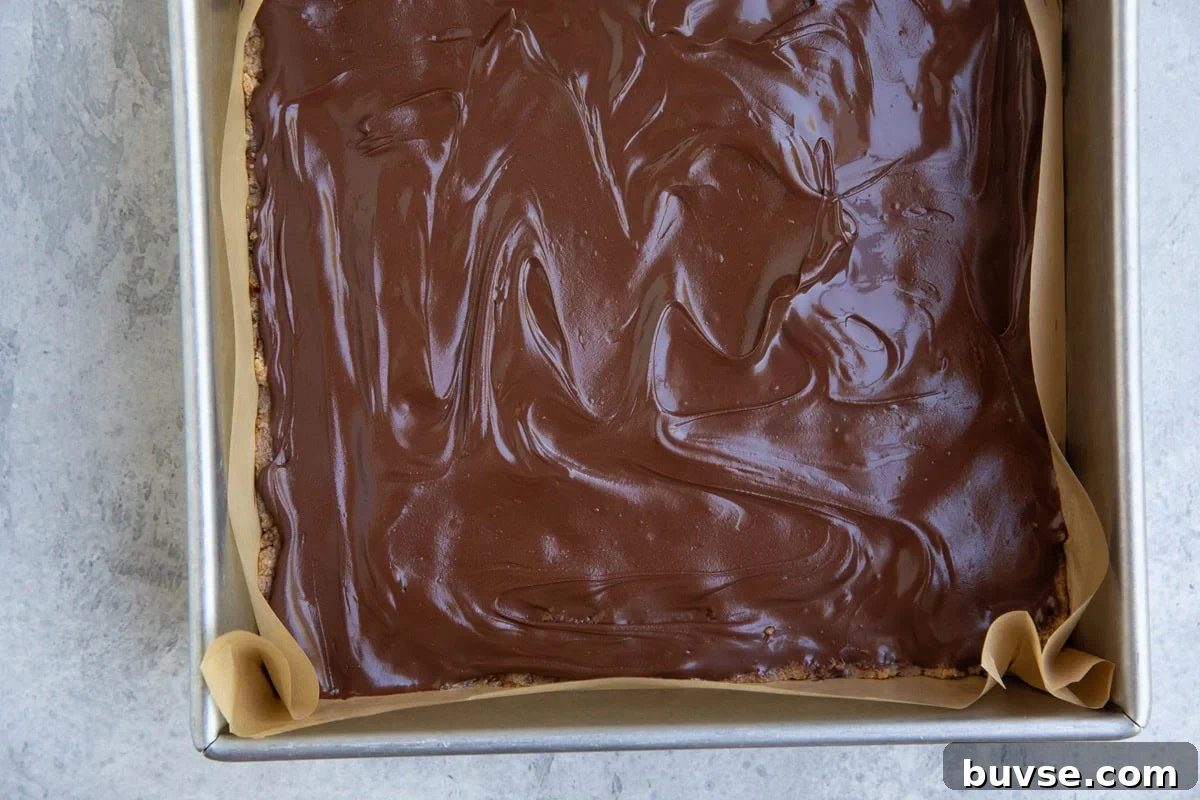Pan full of cookie dough protein bars with melted chocolate layer on top