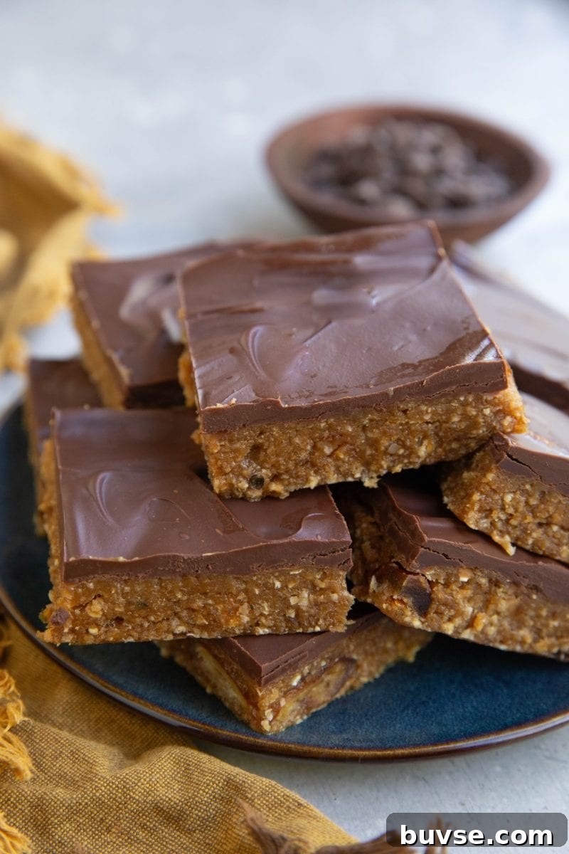 Plate of protein bars with a bowl of chocolate chips in the background.